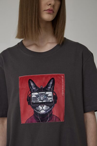 Anthracite  T-shirt with appliqué "Cat"